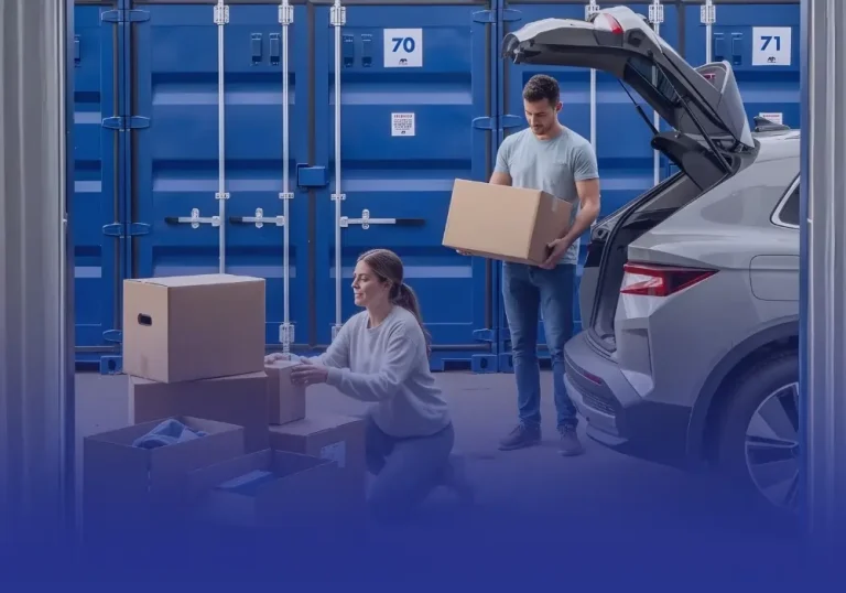 Customer easily unloading boxes directly into a drive-up storage unit in Bury St Edmunds